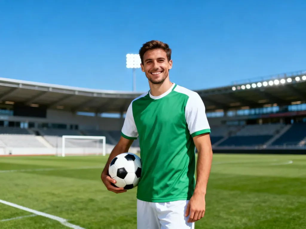 Luis Palma na boisku piłkarskim, uśmiechnięty, w zielono-białym stroju, z piłką pod pachą na tle nowoczesnego stadionu