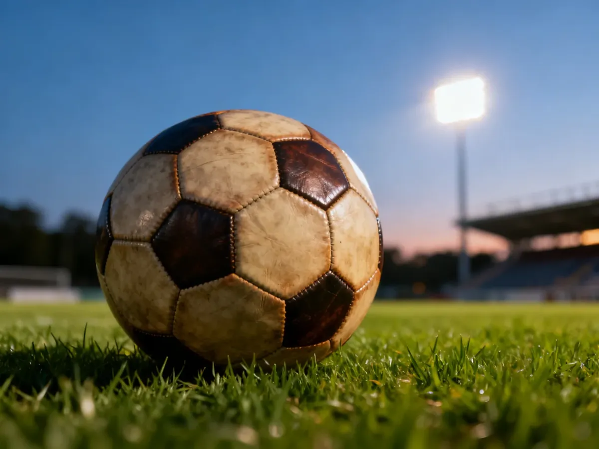 Klasyczna skórzana piłka nożna leżąca na murawie stadionu w świetle wieczornych reflektorów.