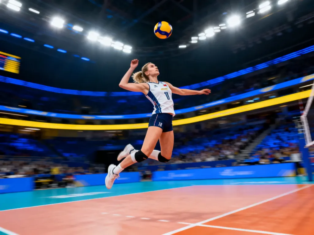 Paola Egonu w dynamicznym wyskoku podczas meczu siatkówki na profesjonalnej hali sportowej.