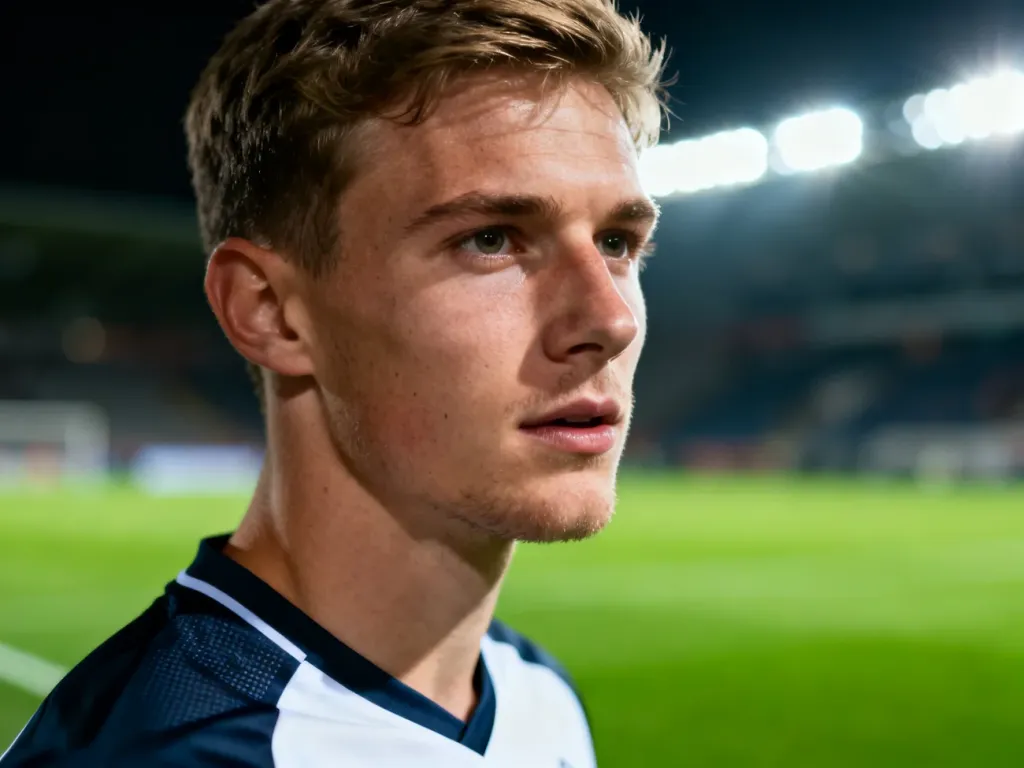 Portret piłkarza Michała Skórasia w stroju sportowym na tle murawy stadionu.