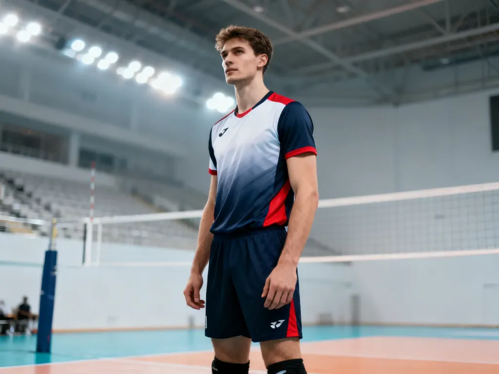 Profesjonalny portret siatkarza Łukasza Kaczmarka w stroju sportowym na tle hali sportowej.