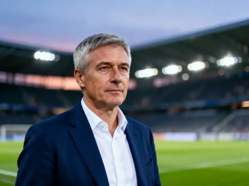 Adam Nawałka w eleganckiej marynarce na tle stadionu piłkarskiego.