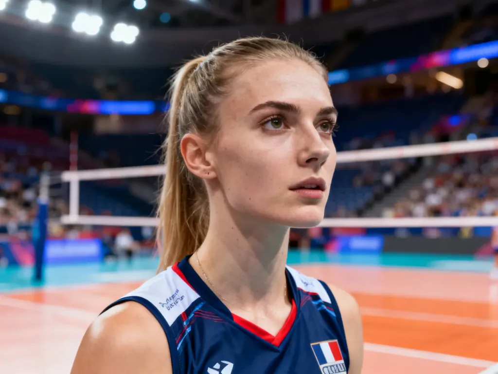 Profesjonalny portret siatkarki Martyny Łukasik w stroju sportowym na tle hali sportowej.
