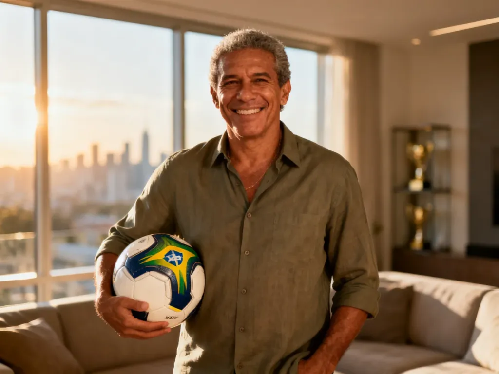 Ronaldo Nazario uśmiechnięty z piłką w nowoczesnym salonie, w tle półka z trofeami i słoneczna panorama miasta