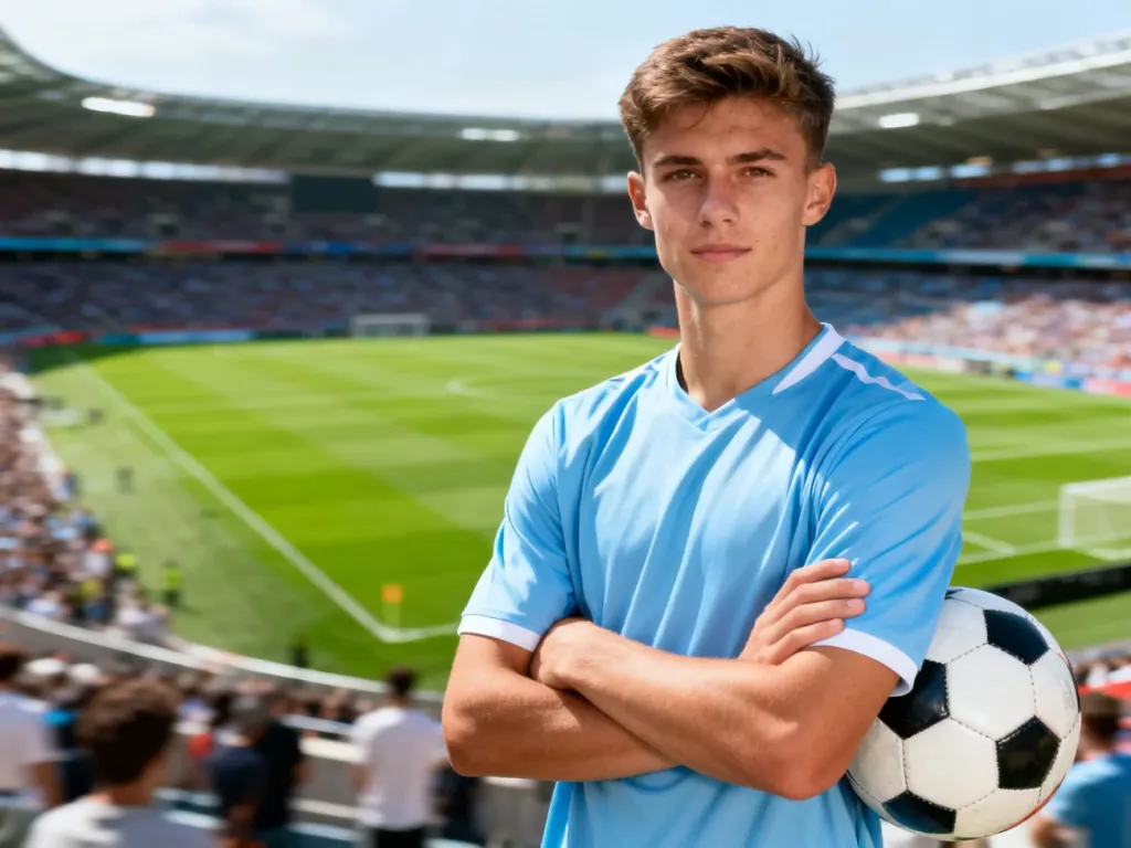 Erling Haaland na stadionie piłkarskim, w jasnoniebieskiej koszulce, z piłką pod pachą, pewny siebie przed meczem.