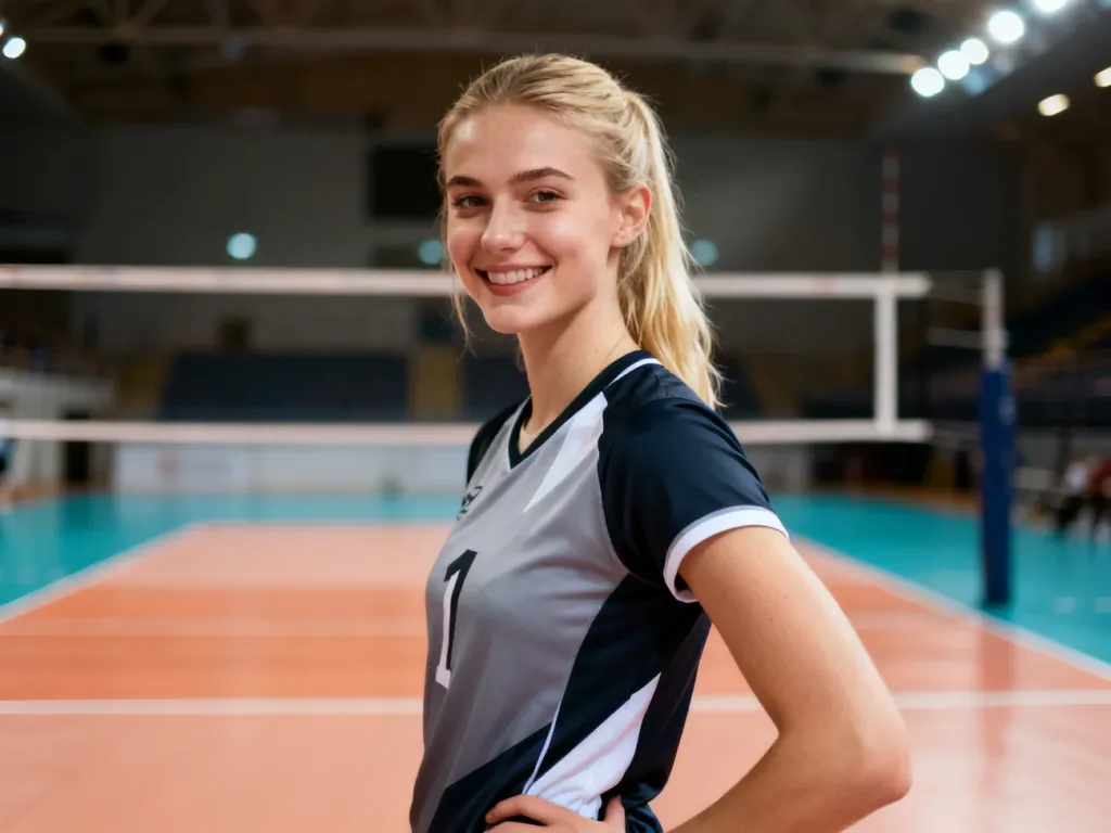Profesjonalny portret siatkarki Magdaleny Stysiak w stroju sportowym na tle hali sportowej.