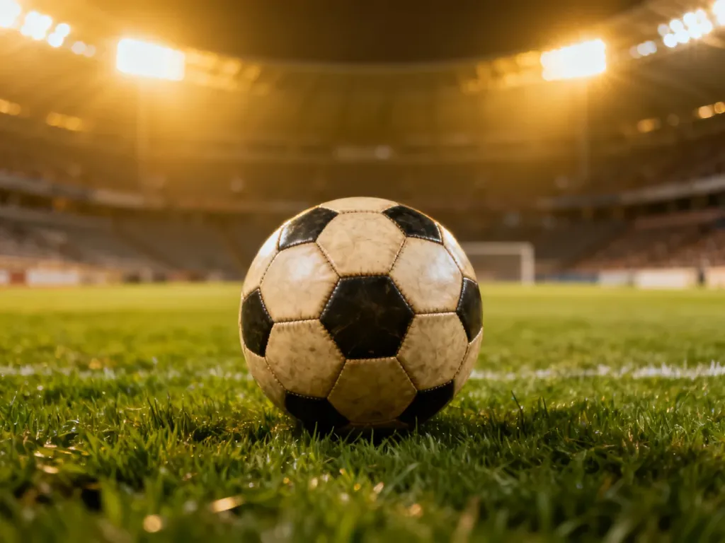 Klasyczna skórzana piłka do futbolu na murawie stadionu w świetle jupiterów, nawiązująca do legendarnej kariery Maradony.