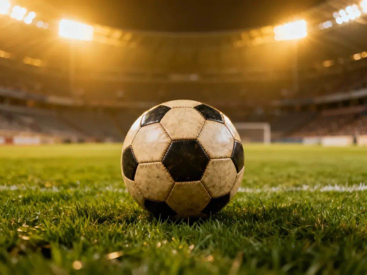 Klasyczna skórzana piłka do futbolu na murawie stadionu w świetle jupiterów, nawiązująca do legendarnej kariery Maradony.