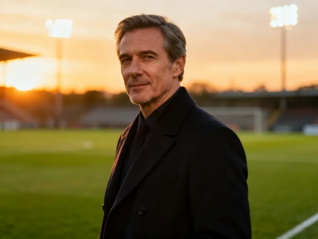 José Mourinho w eleganckim płaszczu na tle murawy stadionu podczas zachodu słońca.