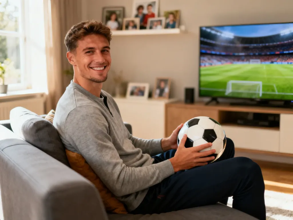 Rodrygo w eleganckim, domowym wnętrzu, uśmiechnięty na kanapie z piłką w dłoniach, łączący życie rodzinne z karierą piłkarza