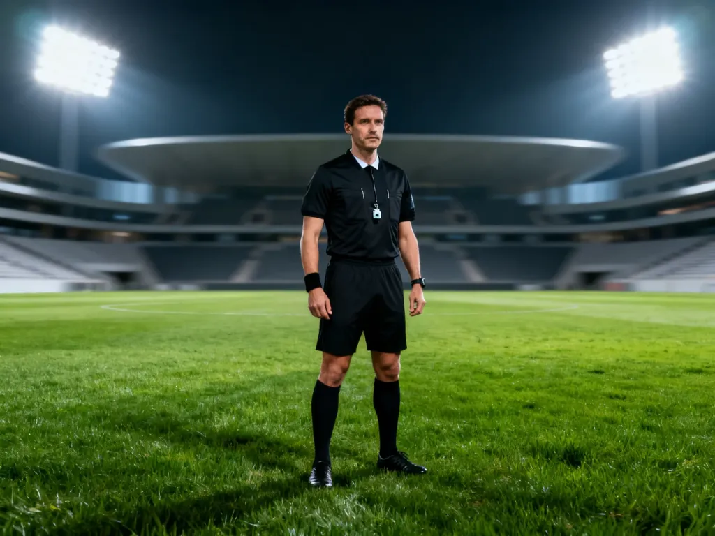 Szymon Marciniak w profesjonalnym stroju sędziowskim na murawie stadionu piłkarskiego.