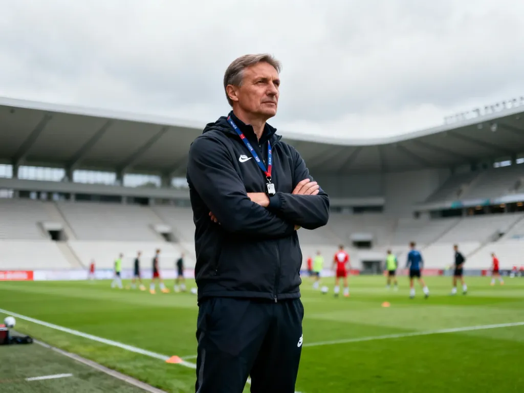 Marek Papszun stoi przy linii bocznej stadionu, w dresie i z gwizdkiem, obserwując trening piłkarzy z pełnym skupieniem