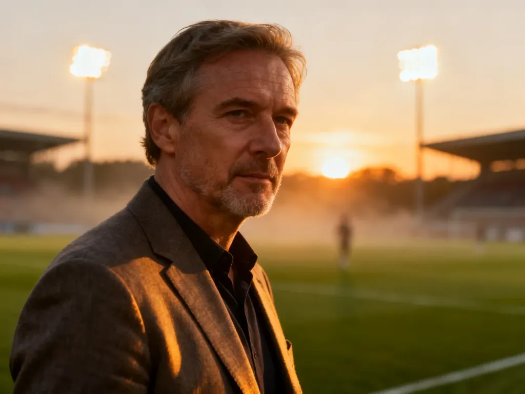 Portret Wojciecha Kowalczyka w marynarce na tle oświetlonego stadionu piłkarskiego podczas zachodu słońca.