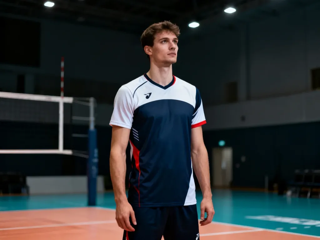 Portret siatkarza Bartosza Kurka w stroju sportowym na tle profesjonalnej hali sportowej.