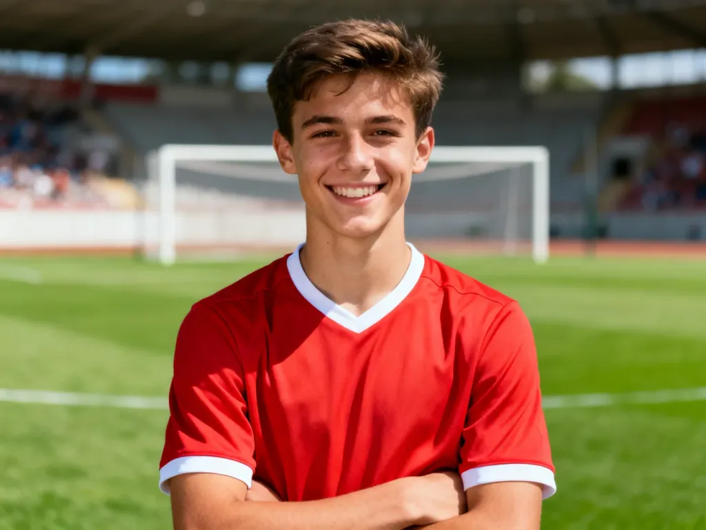 Jakub Kamiński na boisku w czerwonej koszulce, uśmiechnięty i pewny siebie na tle stadionu piłkarskiego