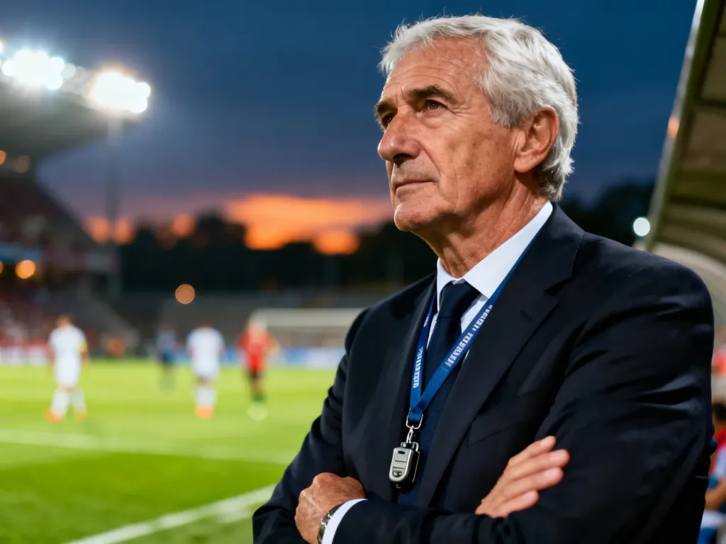 Fernando Santos zamyślony przy linii bocznej boiska, w garniturze z gwizdkiem, obserwuje mecz piłkarski wieczorem.