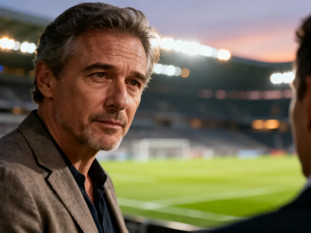 Portret Jana Urbana na tle oświetlonego stadionu piłkarskiego o zmierzchu.