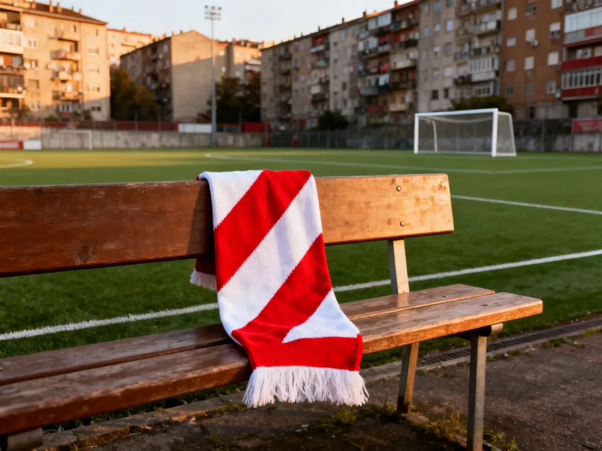 Czerwono-biały szalik piłkarski na ławce w kameralnym miejskim stadionie Vallecas, z blokami wokół murawy.