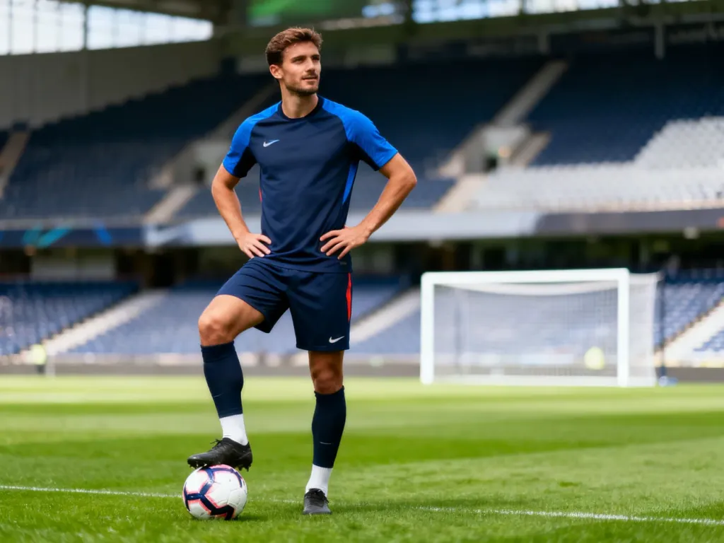 Andre Silva na murawie stadionu w stroju treningowym, pewnie stoi z piłką przy stopie, gotowy do meczu.