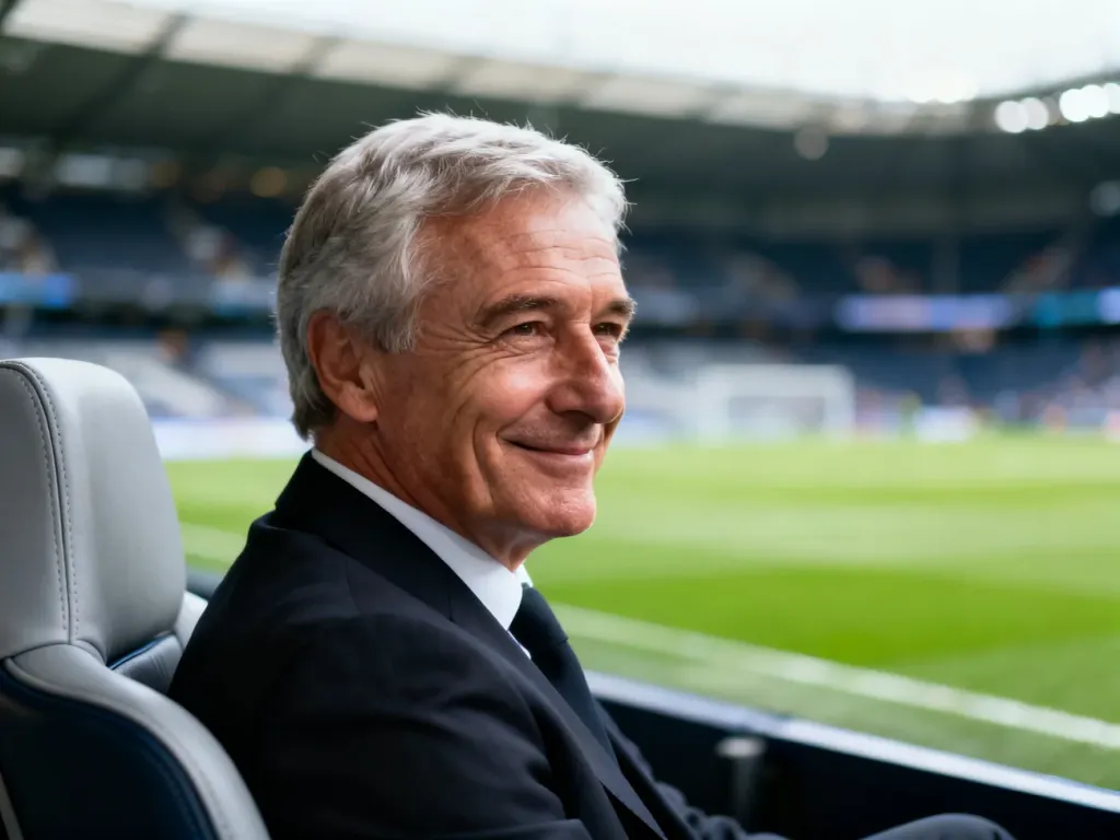 Carlo Ancelotti w eleganckim garniturze siedzi na stadionie, spokojnie spoglądając w bok, na tle rozmytego boiska piłkarskiego.