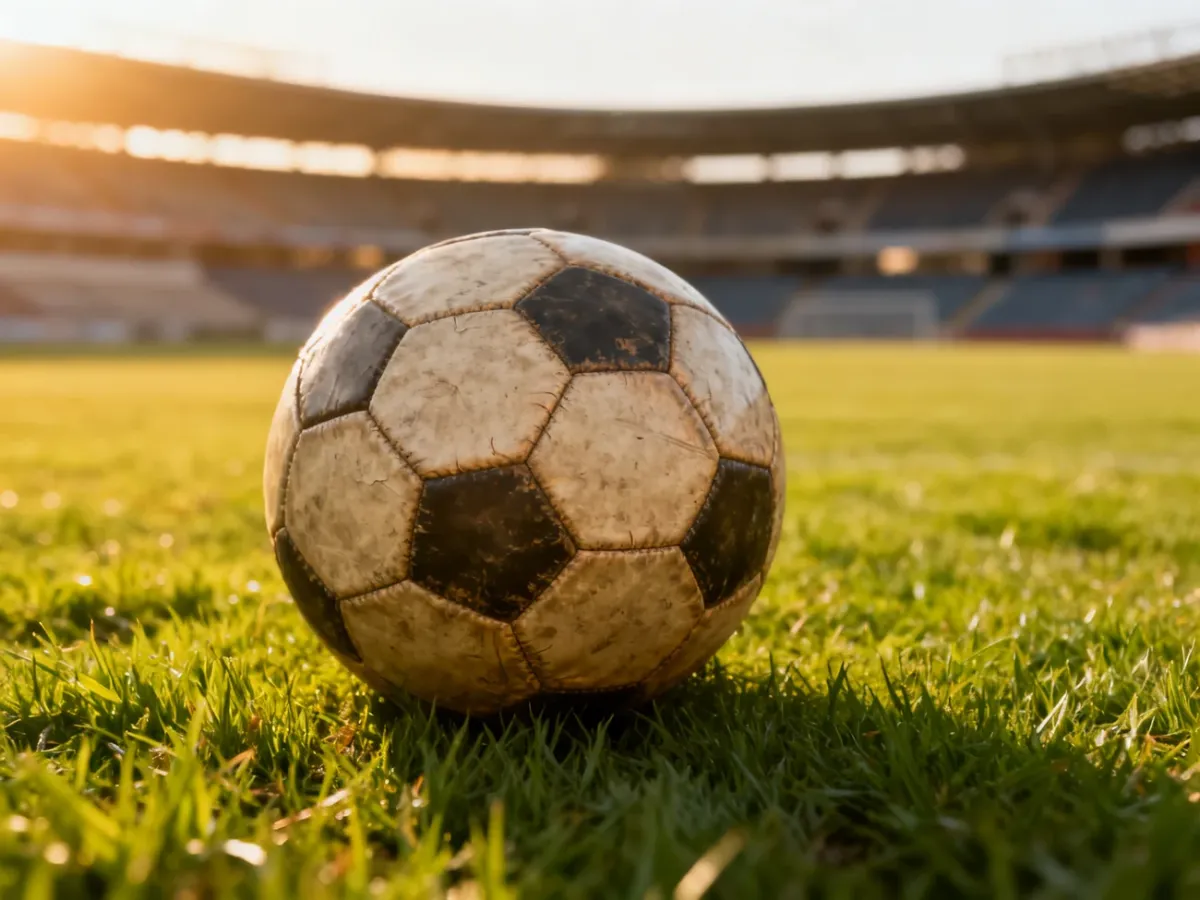 Zużyta skórzana piłka na zielonej murawie stadionu w świetle zachodzącego słońca, symbolizująca piłkarską pasję.