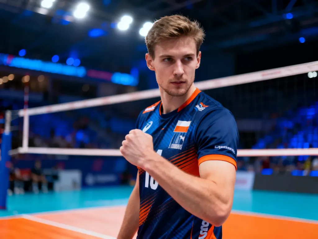Fabian Drzyzga w profesjonalnym stroju sportowym na boisku siatkarskim podczas meczu.
