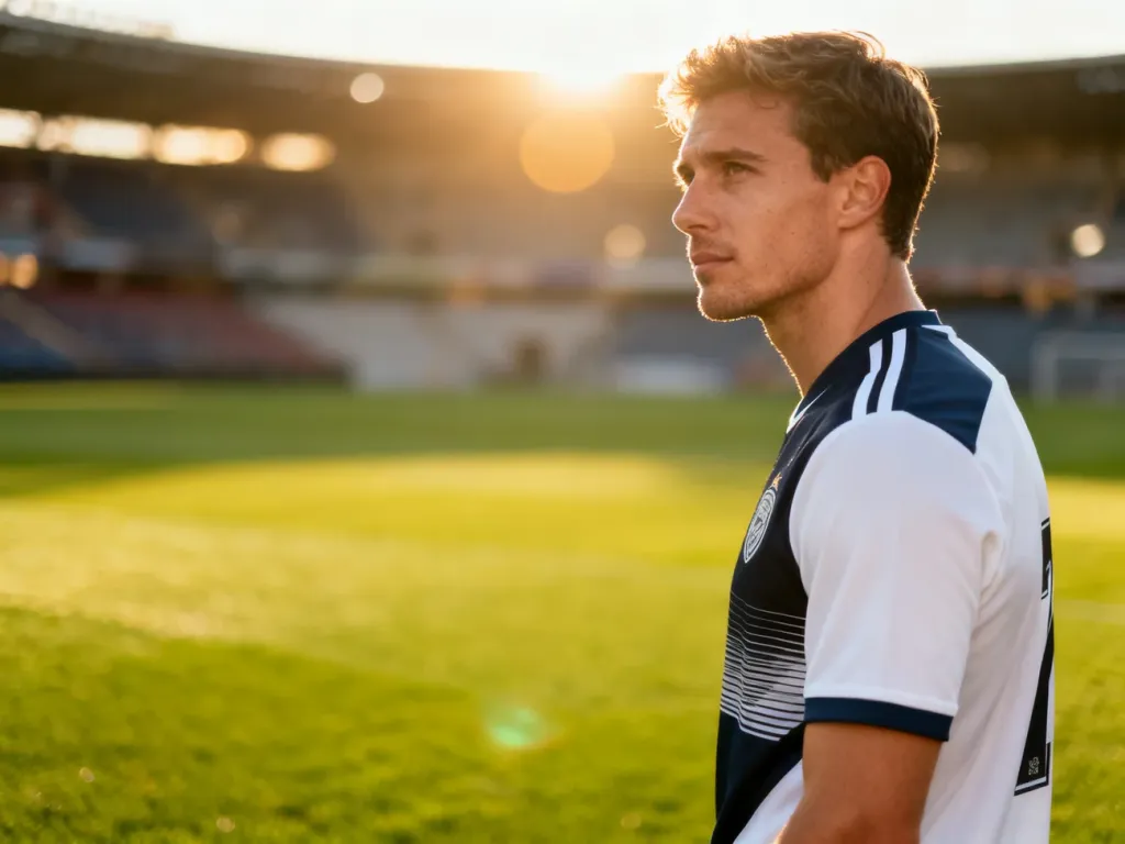 Diogo Jota w profesjonalnym stroju piłkarskim na murawie stadionu, patrzący w dal z pełnym skupieniem.