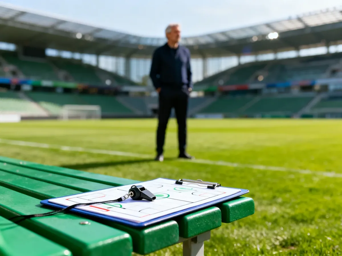 Hansi Flick na tle stadionu, z akcesoriami trenerskimi na pierwszym planie.