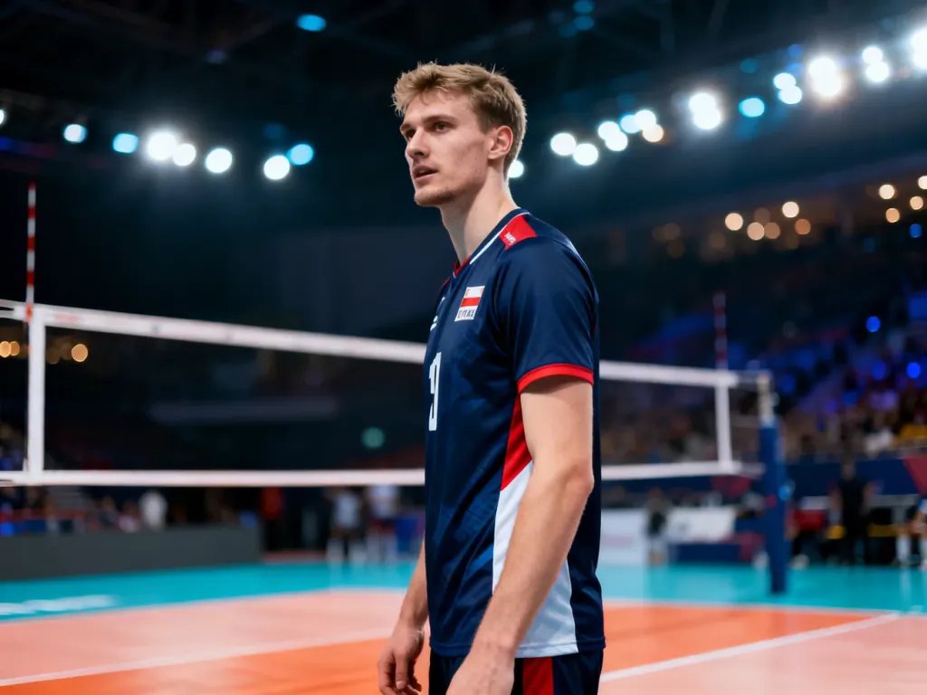 Portret siatkarza Marcina Janusza w stroju sportowym na tle profesjonalnej hali sportowej.
