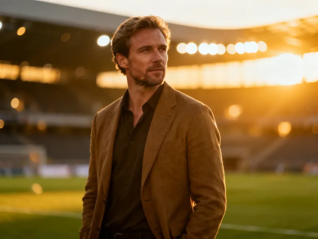 Portret Antoine'a Griezmanna w stylu smart-casual na tle oświetlonego stadionu podczas złotej godziny.