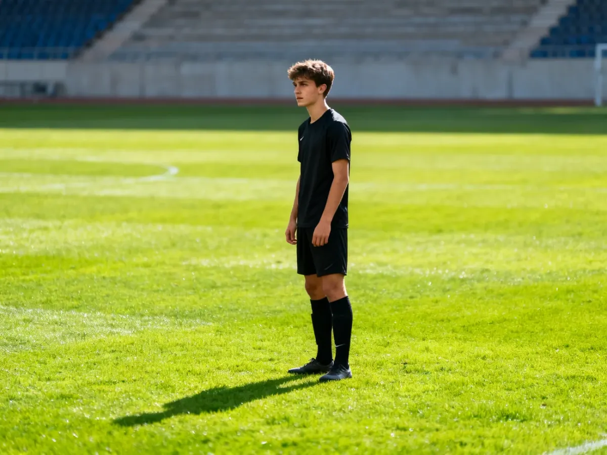 Portret Piotra Zielińskiego na tle murawy stadionu w naturalnym świetle.