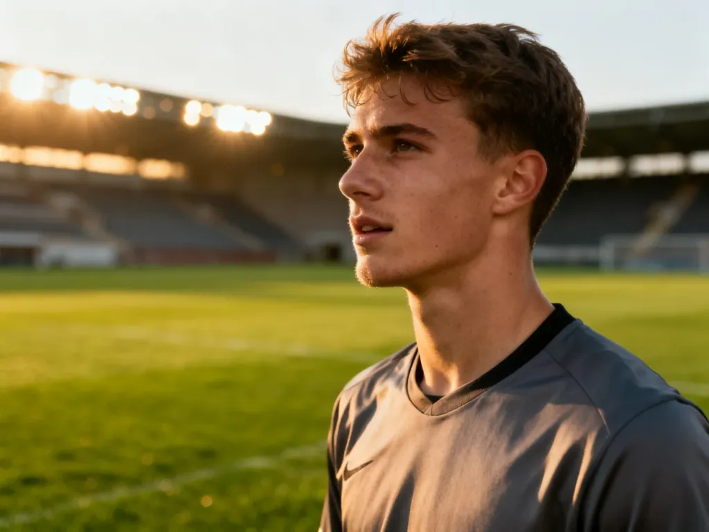 Portret piłkarza Jobe'a Bellinghama na murawie stadionu w świetle zachodzącego słońca.