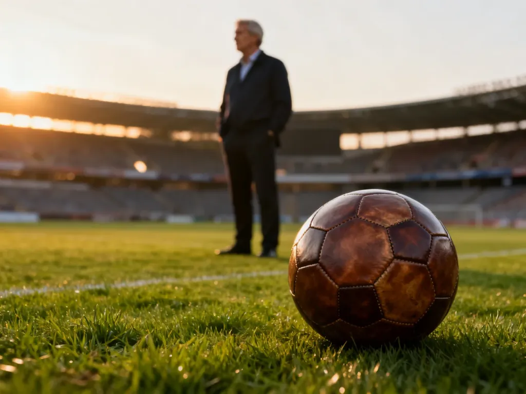 Czesław Michniewicz na murawie stadionu z piłką w tle. Profesjonalny portret trenera piłkarskiego w wieczornym świetle.