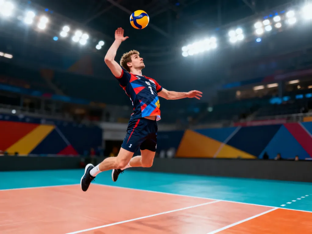 Antoine Brizard podczas dynamicznego wyskoku do serwisu w trakcie meczu siatkówki na hali sportowej.