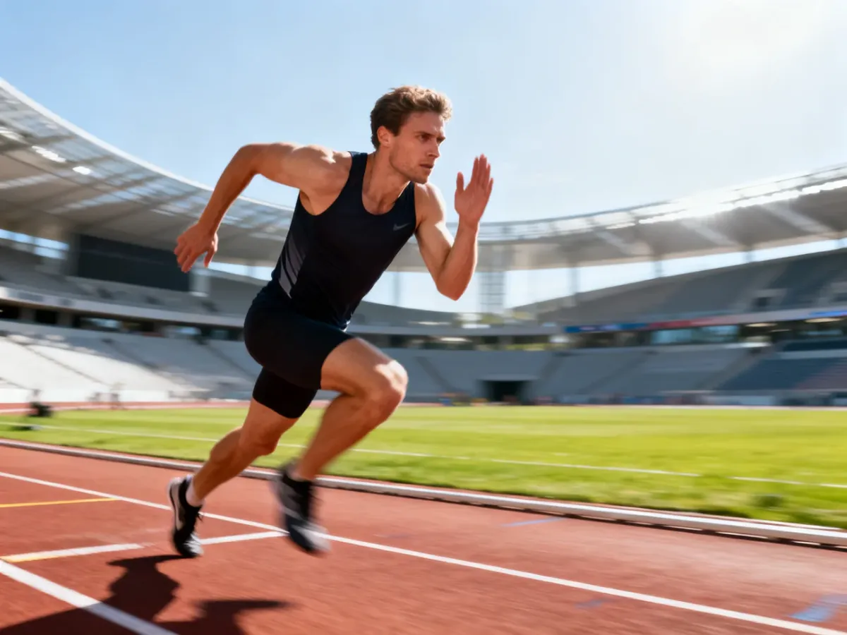 Kenneth Bednarek w pełnym biegu na profesjonalnym stadionie lekkoatletycznym.