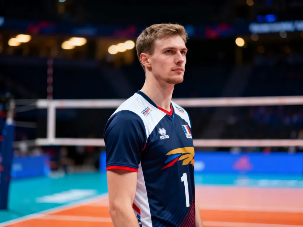 Andrzej Wrona w profesjonalnym stroju sportowym na boisku do siatkówki, prezentujący skupienie i pewność siebie.