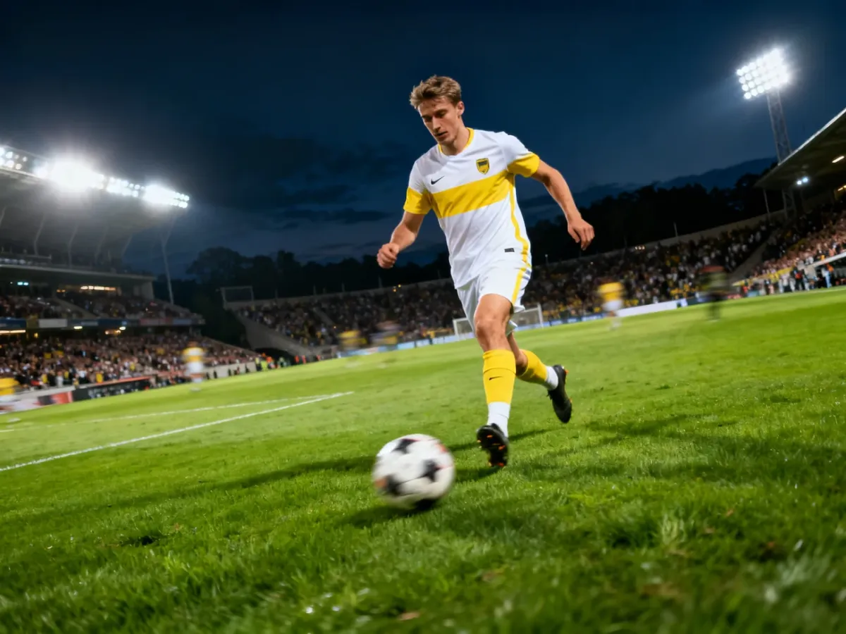 Piłkarz w biało-żółtym stroju prowadzi piłkę na murawie podczas wieczornego meczu na wypełnionym stadionie.