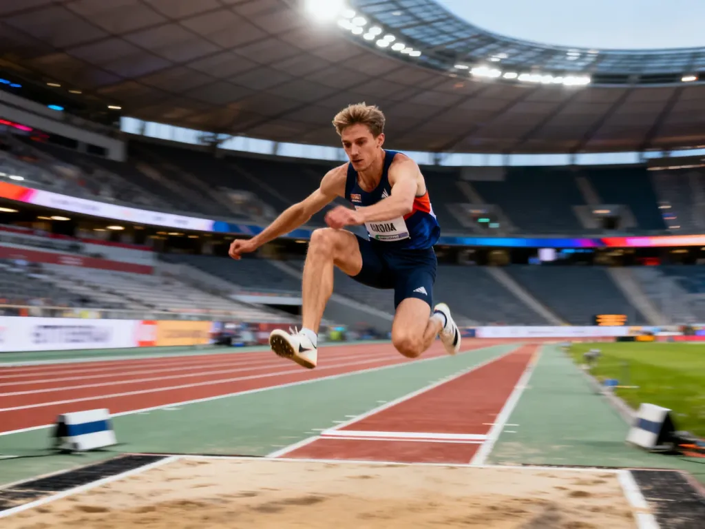 Simon Ehammer w locie podczas skoku w dal na stadionie lekkoatletycznym, prezentujący pełne skupienie i dynamikę ruchu.