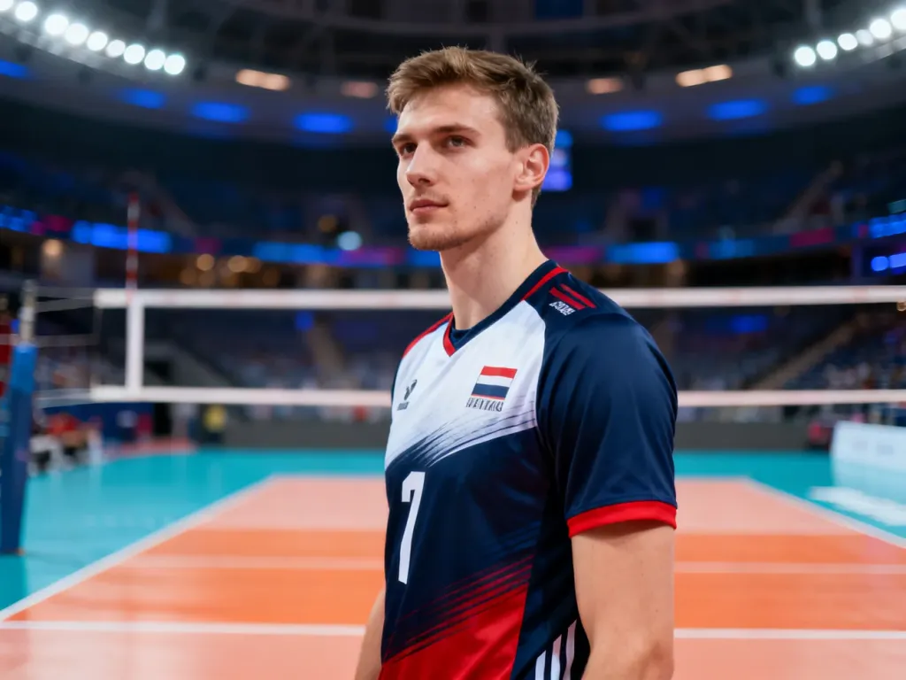 Profesjonalny portret siatkarza Jurija Gladyra w stroju sportowym na tle hali sportowej.