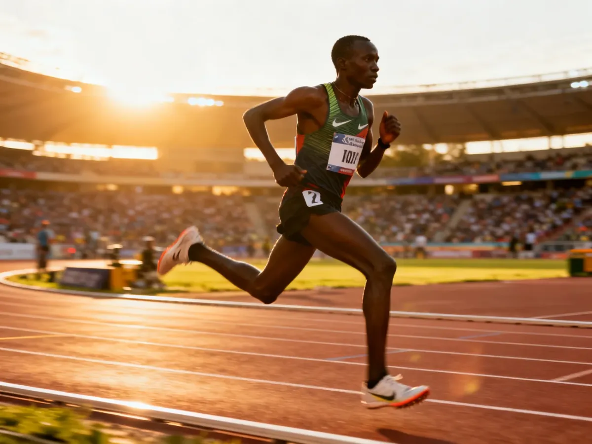Jacob Kiplimo biegnący po profesjonalnej bieżni w pełnym skupieniu podczas zawodów lekkoatletycznych.