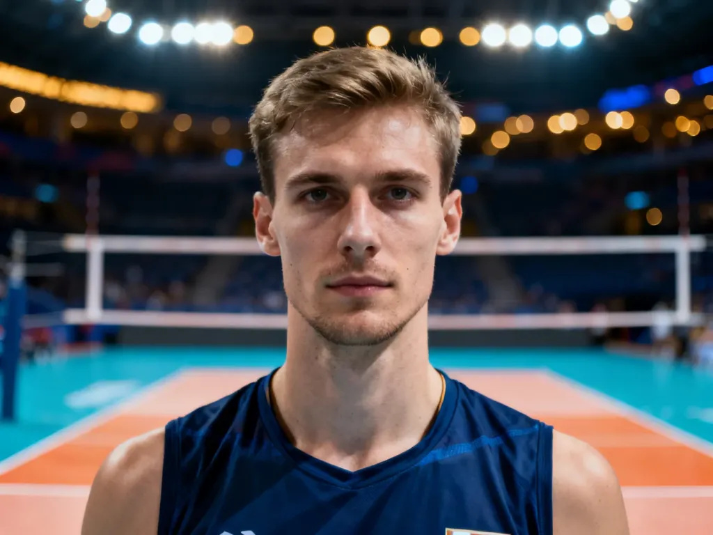 Portret Sebastiana Świderskiego na tle profesjonalnej hali siatkarskiej, podkreślający jego sportową sylwetkę.