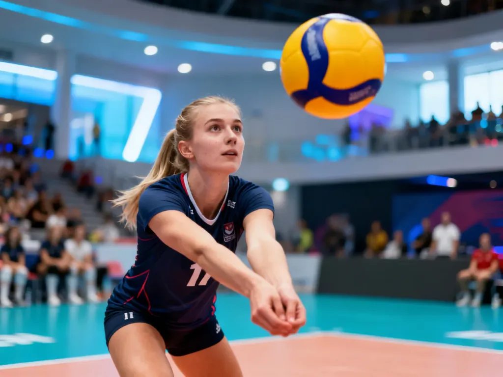Maria Stenzel w trakcie dynamicznej akcji na boisku siatkarskim podczas profesjonalnego meczu.