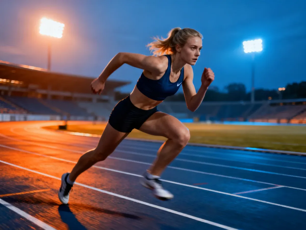Grace Stark w dynamicznym sprincie na bieżni lekkoatletycznej podczas wieczornych zawodów na stadionie.