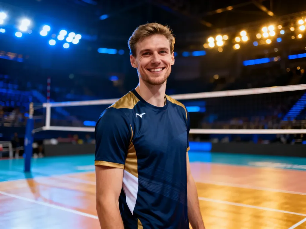 Uśmiechnięty Michał Winiarski w stroju sportowym na tle profesjonalnego boiska do siatkówki.
