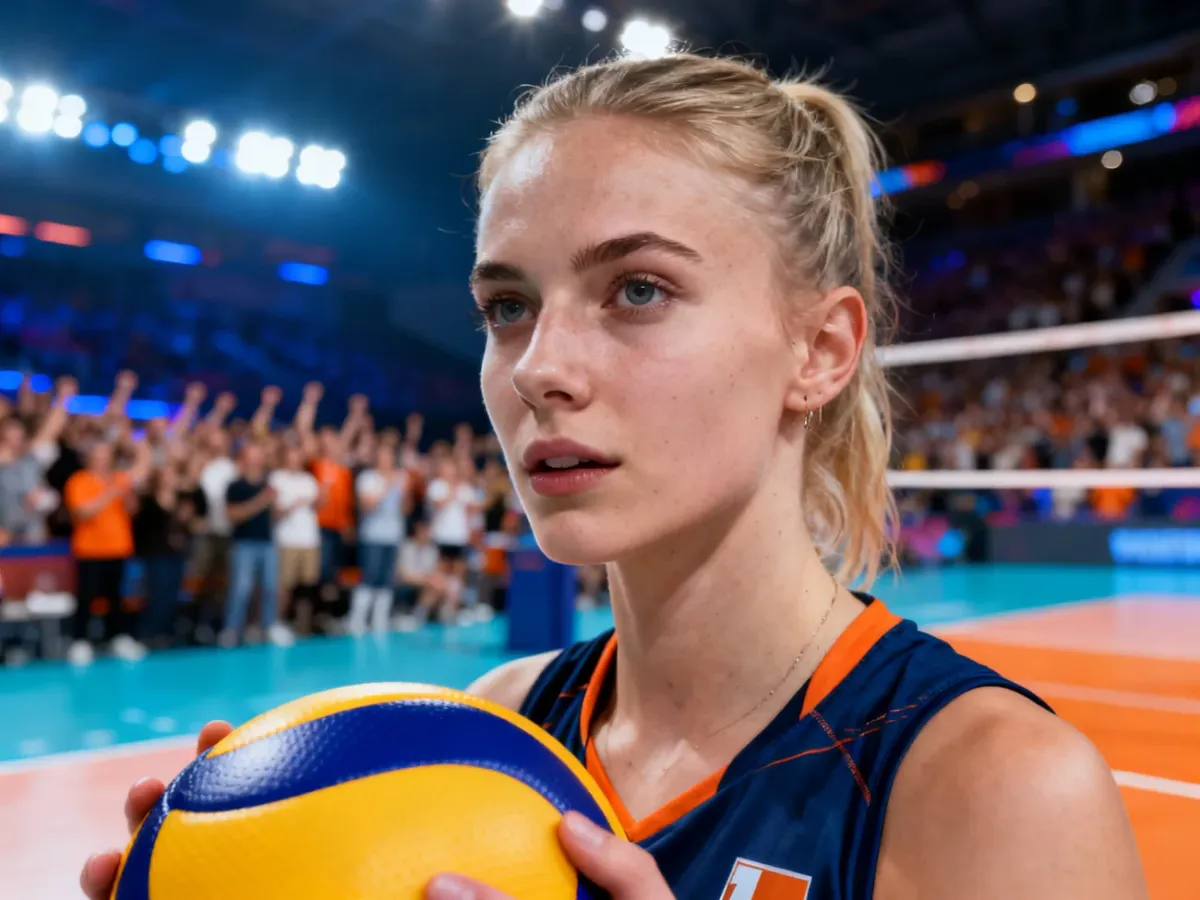 Skupiona siatkarka z piłką na profesjonalnej hali sportowej w otoczeniu kibiców podczas meczu Mistrzostw Europy.