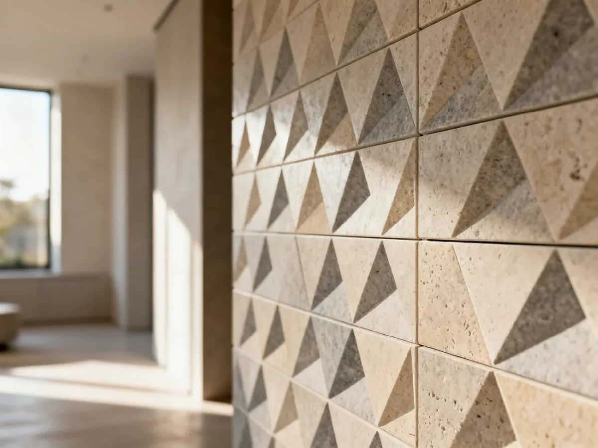 Zbliżenie na geometryczną fakturę okładziny kamiennej Oblique Seville w nowoczesnym, eleganckim wnętrzu.