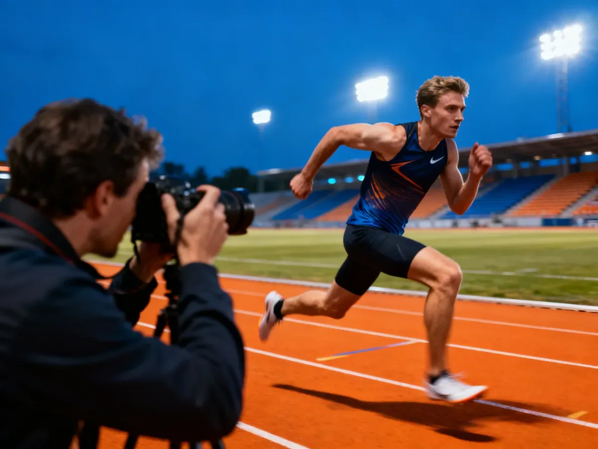 Biegacz w dynamicznej pozie podczas sprintu na profesjonalnym stadionie lekkoatletycznym w świetle jupiterów.