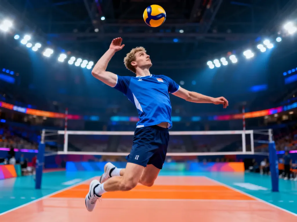 Grzegorz Łomacz w trakcie dynamicznego ataku podczas meczu siatkówki w hali sportowej.