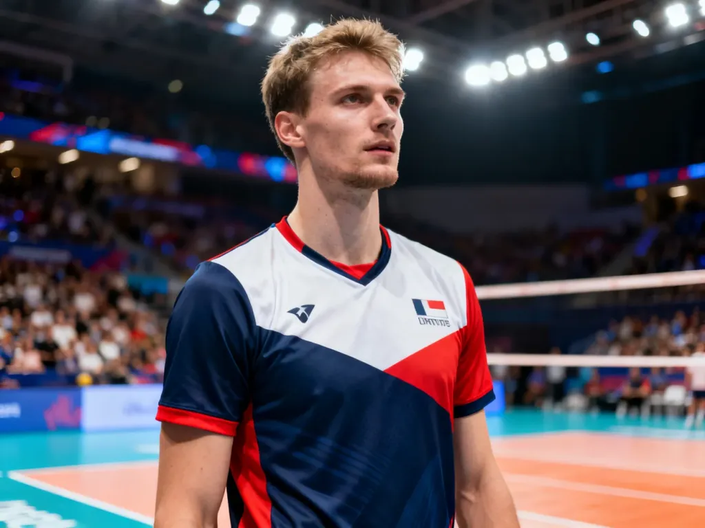 Siatkarz Dawid Konarski w profesjonalnym stroju sportowym na hali podczas meczu.