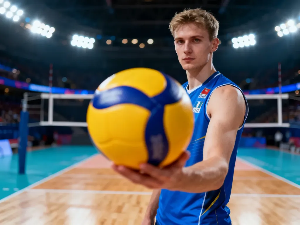 Bruno Rezende z piłką do siatkówki na hali sportowej, gotowy do gry podczas profesjonalnego meczu.